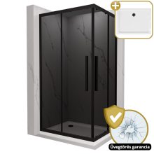 HD Fusion+ aszimmetrikus szögletes két tolóajtós sötétített zuhanykabin fehér slim zuhanytálcával és fekete szifonnal, fekete színű elemekkel, 190 cm magas