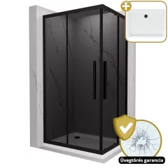   HD Fusion+ aszimmetrikus szögletes két tolóajtós sötétített zuhanykabin fehér slim zuhanytálcával és fekete szifonnal, fekete színű elemekkel, 190 cm magas