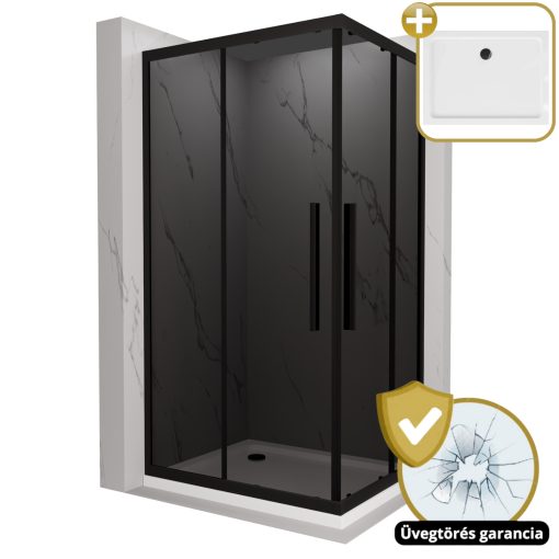 HD Fusion+ aszimmetrikus szögletes két tolóajtós sötétített zuhanykabin fehér slim zuhanytálcával és fekete szifonnal, fekete színű elemekkel, 190 cm magas