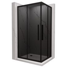 HD Fusion+ aszimmetrikus szögletes két tolóajtós sötétített zuhanykabin fehér slim zuhanytálcával és fekete szifonnal, fekete színű elemekkel, 190 cm magas