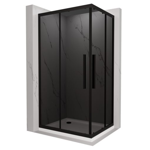 HD Fusion+ aszimmetrikus szögletes két tolóajtós sötétített zuhanykabin fehér slim zuhanytálcával és fekete szifonnal, fekete színű elemekkel, 190 cm magas