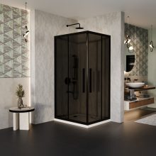 HD Fusion+ aszimmetrikus szögletes két tolóajtós sötétített zuhanykabin fehér slim zuhanytálcával és fekete szifonnal, fekete színű elemekkel, 190 cm magas