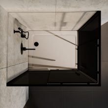 HD Fusion+ aszimmetrikus szögletes két tolóajtós sötétített zuhanykabin fehér slim zuhanytálcával és fekete szifonnal, fekete színű elemekkel, 190 cm magas