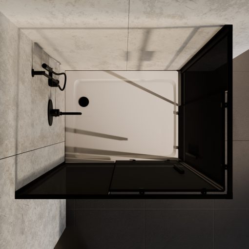 HD Fusion+ aszimmetrikus szögletes két tolóajtós sötétített zuhanykabin fehér slim zuhanytálcával és fekete szifonnal, fekete színű elemekkel, 190 cm magas