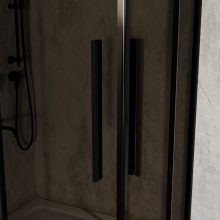 HD Fusion+ aszimmetrikus szögletes két tolóajtós sötétített zuhanykabin fehér slim zuhanytálcával és fekete szifonnal, fekete színű elemekkel, 190 cm magas