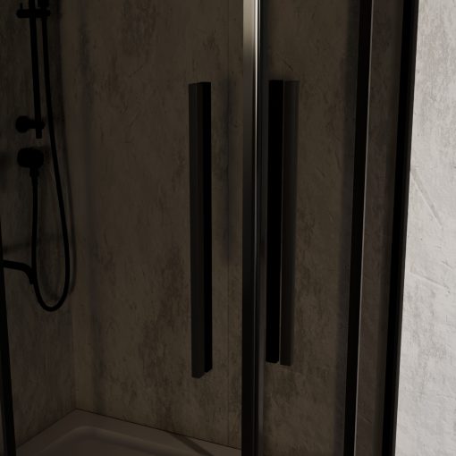 HD Fusion+ aszimmetrikus szögletes két tolóajtós sötétített zuhanykabin fehér slim zuhanytálcával és fekete szifonnal, fekete színű elemekkel, 190 cm magas