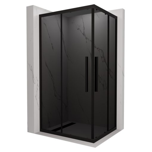 HD Fusion+ aszimmetrikus szögletes két tolóajtós sötétített zuhanykabin 6 mm vastag vízlepergető biztonsági üveggel, fekete színű elemekkel, 190 cm magas