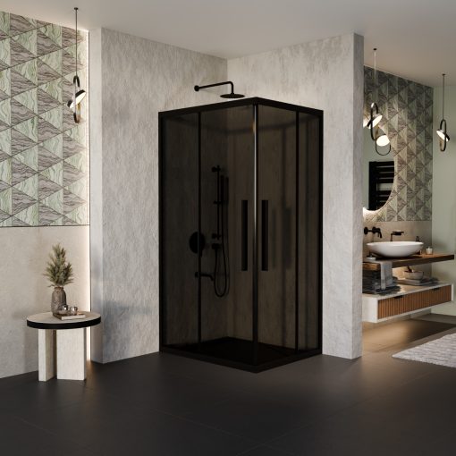 HD Fusion+ aszimmetrikus szögletes két tolóajtós sötétített zuhanykabin 6 mm vastag vízlepergető biztonsági üveggel, fekete színű elemekkel, 190 cm magas
