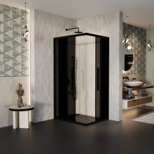 HD Fusion+ aszimmetrikus szögletes két tolóajtós sötétített zuhanykabin 6 mm vastag vízlepergető biztonsági üveggel, fekete színű elemekkel, 190 cm magas