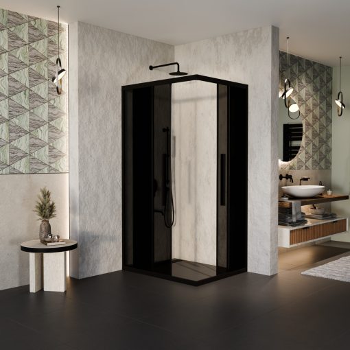 HD Fusion+ aszimmetrikus szögletes két tolóajtós sötétített zuhanykabin 6 mm vastag vízlepergető biztonsági üveggel, fekete színű elemekkel, 190 cm magas
