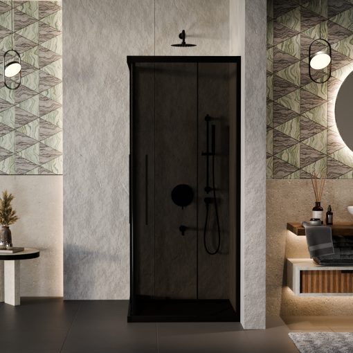 HD Fusion+ aszimmetrikus szögletes két tolóajtós sötétített zuhanykabin 6 mm vastag vízlepergető biztonsági üveggel, fekete színű elemekkel, 190 cm magas