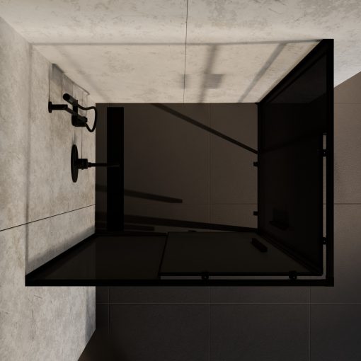 HD Fusion+ aszimmetrikus szögletes két tolóajtós sötétített zuhanykabin 6 mm vastag vízlepergető biztonsági üveggel, fekete színű elemekkel, 190 cm magas