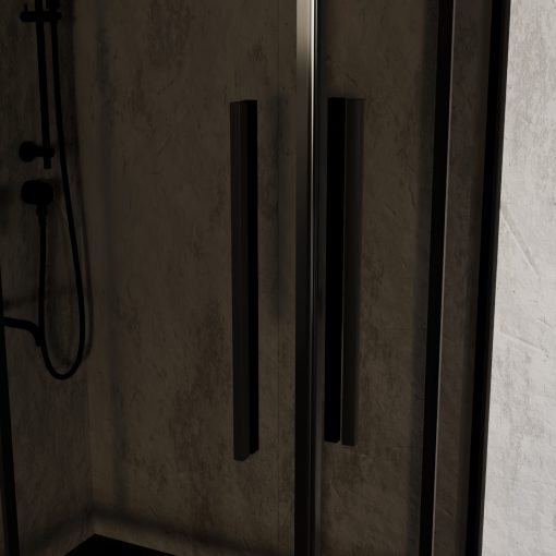 HD Fusion+ aszimmetrikus szögletes két tolóajtós sötétített zuhanykabin 6 mm vastag vízlepergető biztonsági üveggel, fekete színű elemekkel, 190 cm magas