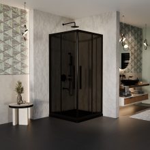 HD Fusion+ 80x80 szögletes két tolóajtós sötétített zuhanykabin fekete slim zuhanytálcával és fekete szifonnal, fekete színű elemekkel, 190 cm magas