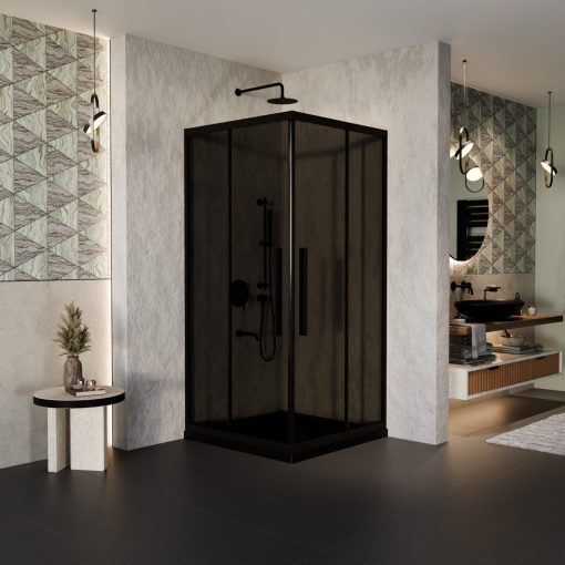 HD Fusion+ 80x80 szögletes két tolóajtós sötétített zuhanykabin fekete slim zuhanytálcával és fekete szifonnal, fekete színű elemekkel, 190 cm magas