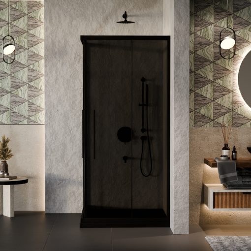 HD Fusion+ 80x80 szögletes két tolóajtós sötétített zuhanykabin fekete slim zuhanytálcával és fekete szifonnal, fekete színű elemekkel, 190 cm magas