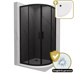   HD Fusion 90x90 íves két tolóajtós sötétített zuhanykabin fehér slim zuhanytálcával és fekete szifonnal, fekete színű elemekkel, 190 cm magas