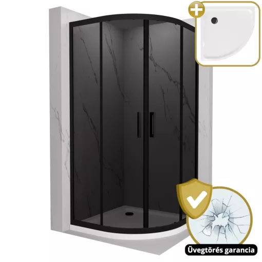 HD Fusion 90x90 íves két tolóajtós sötétített zuhanykabin fehér slim zuhanytálcával és fekete szifonnal, fekete színű elemekkel, 190 cm magas