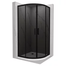 HD Fusion 90x90 íves két tolóajtós sötétített zuhanykabin fehér slim zuhanytálcával és fekete szifonnal, fekete színű elemekkel, 190 cm magas