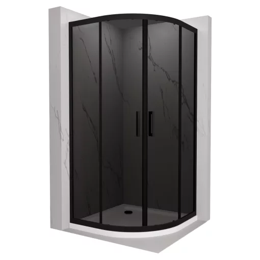 HD Fusion 90x90 íves két tolóajtós sötétített zuhanykabin fehér slim zuhanytálcával és fekete szifonnal, fekete színű elemekkel, 190 cm magas