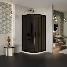 HD Fusion 90x90 íves két tolóajtós sötétített zuhanykabin fehér slim zuhanytálcával és fekete szifonnal, fekete színű elemekkel, 190 cm magas