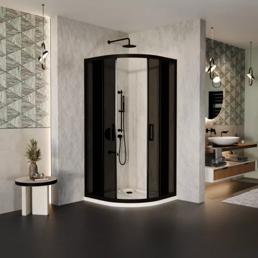 HD Fusion 90x90 íves két tolóajtós sötétített zuhanykabin fehér slim zuhanytálcával és fekete szifonnal, fekete színű elemekkel, 190 cm magas