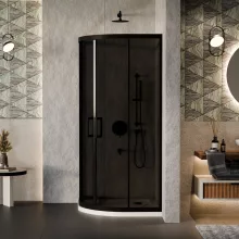 HD Fusion 90x90 íves két tolóajtós sötétített zuhanykabin fehér slim zuhanytálcával és fekete szifonnal, fekete színű elemekkel, 190 cm magas