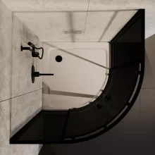 HD Fusion 90x90 íves két tolóajtós sötétített zuhanykabin fehér slim zuhanytálcával és fekete szifonnal, fekete színű elemekkel, 190 cm magas