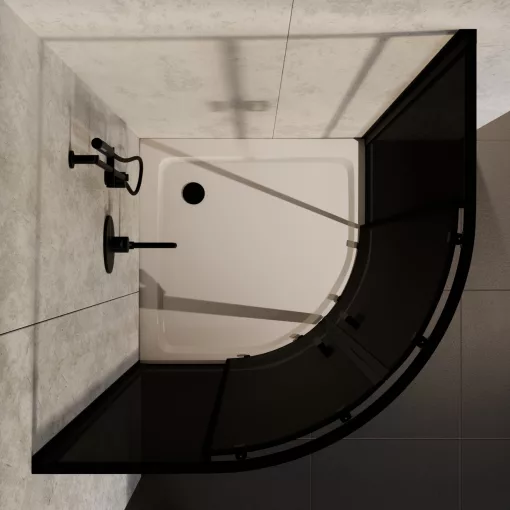 HD Fusion 90x90 íves két tolóajtós sötétített zuhanykabin fehér slim zuhanytálcával és fekete szifonnal, fekete színű elemekkel, 190 cm magas