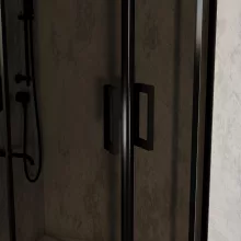 HD Fusion 90x90 íves két tolóajtós sötétített zuhanykabin fehér slim zuhanytálcával és fekete szifonnal, fekete színű elemekkel, 190 cm magas