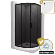 HD Fusion 90x90 íves két tolóajtós sötétített zuhanykabin fehér magas zuhanytálcával és fekete szifonnal, fekete színű elemekkel, 190 cm magas