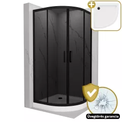   HD Fusion 80x80 íves két tolóajtós sötétített zuhanykabin fehér magas zuhanytálcával és fekete szifonnal, fekete színű elemekkel, 190 cm magas
