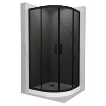 HD Fusion 90x90 íves két tolóajtós sötétített zuhanykabin fehér magas zuhanytálcával és fekete szifonnal, fekete színű elemekkel, 190 cm magas