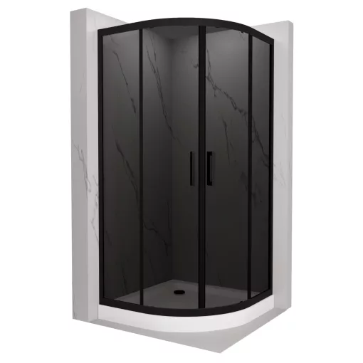 HD Fusion 90x90 íves két tolóajtós sötétített zuhanykabin fehér magas zuhanytálcával és fekete szifonnal, fekete színű elemekkel, 190 cm magas