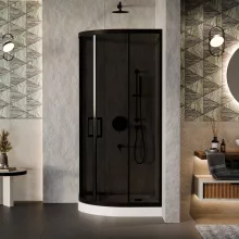 HD Fusion 90x90 íves két tolóajtós sötétített zuhanykabin fehér magas zuhanytálcával és fekete szifonnal, fekete színű elemekkel, 190 cm magas