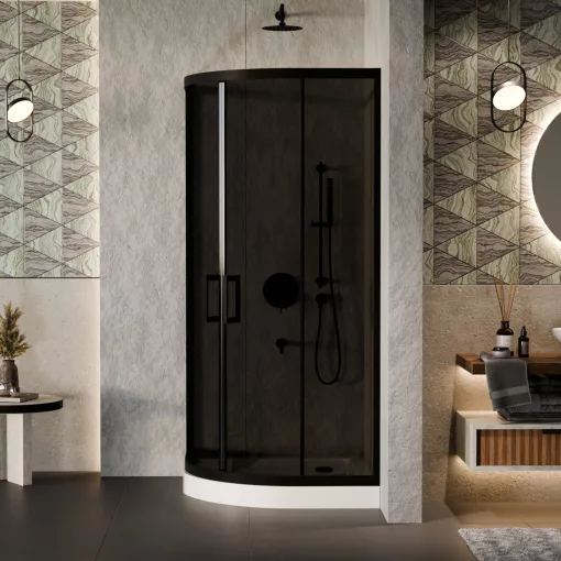 HD Fusion 90x90 íves két tolóajtós sötétített zuhanykabin fehér magas zuhanytálcával és fekete szifonnal, fekete színű elemekkel, 190 cm magas