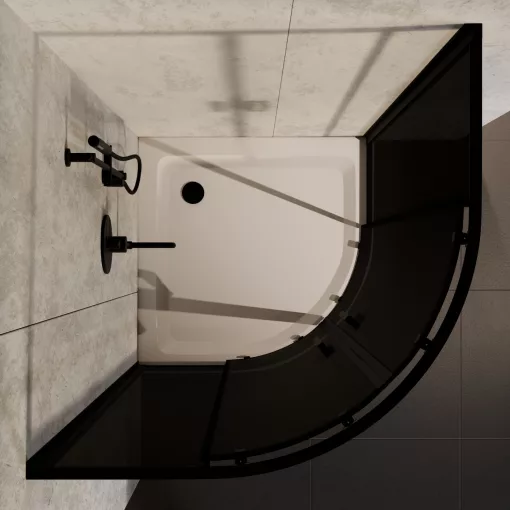 HD Fusion 90x90 íves két tolóajtós sötétített zuhanykabin fehér magas zuhanytálcával és fekete szifonnal, fekete színű elemekkel, 190 cm magas