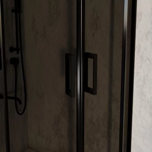 HD Fusion 90x90 íves két tolóajtós sötétített zuhanykabin fehér magas zuhanytálcával és fekete szifonnal, fekete színű elemekkel, 190 cm magas