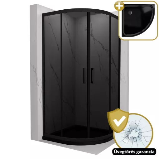 HD Fusion 80x80 íves két tolóajtós sötétített zuhanykabin fekete slim zuhanytálcával és fekete szifonnal, fekete színű elemekkel, 190 cm magas