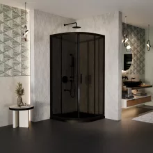 HD Fusion 80x80 íves két tolóajtós sötétített zuhanykabin fekete slim zuhanytálcával és fekete szifonnal, fekete színű elemekkel, 190 cm magas