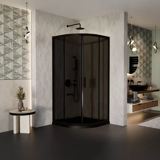 HD Fusion 80x80 íves két tolóajtós sötétített zuhanykabin fekete slim zuhanytálcával és fekete szifonnal, fekete színű elemekkel, 190 cm magas