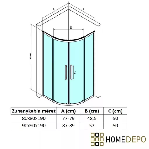 HD Fusion 80x80 íves két tolóajtós sötétített zuhanykabin 6 mm vastag vízlepergető biztonsági üveggel, fekete színű elemekkel, 190 cm magas