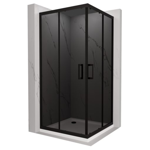 HD Fusion 100x100 szögletes két tolóajtós sötétített zuhanykabin fehér slim zuhanytálcával és fekete szifonnal, fekete színű elemekkel, 190 cm magas