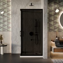 HD Fusion 100x100 szögletes két tolóajtós sötétített zuhanykabin fehér slim zuhanytálcával és fekete szifonnal, fekete színű elemekkel, 190 cm magas