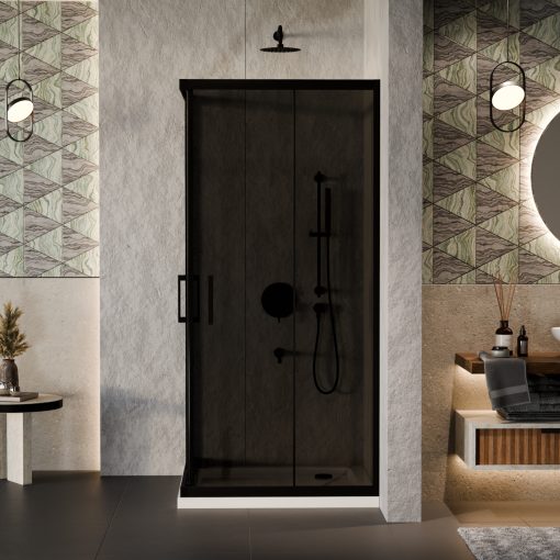 HD Fusion 100x100 szögletes két tolóajtós sötétített zuhanykabin fehér slim zuhanytálcával és fekete szifonnal, fekete színű elemekkel, 190 cm magas