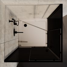 HD Fusion 100x100 szögletes két tolóajtós sötétített zuhanykabin fehér slim zuhanytálcával és fekete szifonnal, fekete színű elemekkel, 190 cm magas
