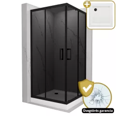   HD Fusion 70x70 szögletes két tolóajtós sötétített zuhanykabin fehér magas zuhanytálcával és fekete szifonnal, fekete sszínű elemekkel, 190 cm magas