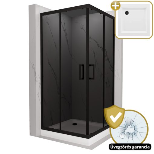 HD Fusion 70x70 szögletes két tolóajtós sötétített zuhanykabin fehér magas zuhanytálcával és fekete szifonnal, fekete sszínű elemekkel, 190 cm magas