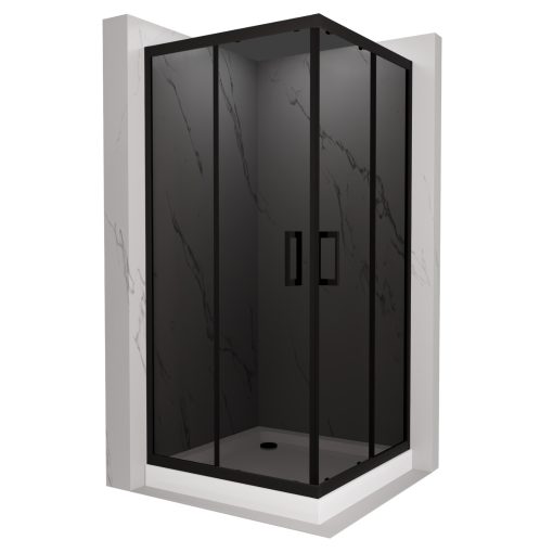 HD Fusion 70x70 szögletes két tolóajtós sötétített zuhanykabin fehér magas zuhanytálcával és fekete szifonnal, fekete sszínű elemekkel, 190 cm magas