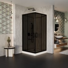 HD Fusion 70x70 szögletes két tolóajtós sötétített zuhanykabin fehér magas zuhanytálcával és fekete szifonnal, fekete sszínű elemekkel, 190 cm magas